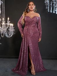 Party Dresses Plus Size 4XL Off-Shoulder Cinnamon Pink Sequins Evening Dress Banquet Prom Floor-Length Luxury Women For