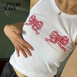 Women's Tanks PixieKiki Bows Print Crop Tops Y2k Underwear Casual Ribbed Tank Top White Black Graphic Tees Summer Clothes Women 2024