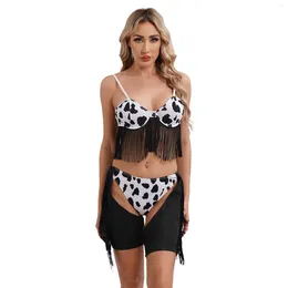 Bras Sets Womens Crazy Western Cowgirl Outfit Underwire Fringed Bra Top With Briefs Cutout Print Cowboy Shorts Costume Halloween Dress Up