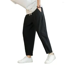 Men's Pants Men Casual Straight-leg Trousers Loose Straight Drawstring Ninth With Elastic Waist Pockets For Daily