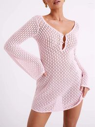 Casual Dresses Fashion Women Knit Dress Long Sleeve V Neck Backless Hollowed Solid Sheer Mini Clubwear Skin Friendly