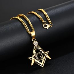Vintage Masonic Symbol Necklaces Male 14K Gold Punk Fashion Freemason Mason Pendant With 20-27" Cuban Chain
