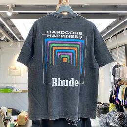 Mens T-shirts Men Women Vintage Heavy Fabric Rhude Box Perspective Tee Slightly Loose Tops Multicolor Nice Washed t Shirt Rhude T-shirt7d60