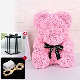 Decorative Objects Figurines Christmas Valentines Day Gift 23cm Led Red Rose Teddy Bear Artificial Decoration Birthday H240521 ZGI7