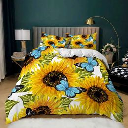 Bedding sets Yellow Sunflower Comforter Set Butterfly for Kids Girls Teens WomenCountry Floral Quilt Duvet Sets 2 Cases H240521 I1RJ