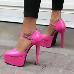 Ponto 47 sandálias de tamanho grande 48 dedo do pé de cor rosa brilhante Sexy mulher Mary Janes bombeia plataforma de cinta de fivela fina de saltos altos estiletto 89 88a