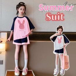 Summer Girls Cotton Patchwork Cartoon T-Shirt Tops+Shorts Pant Workout Sets School Kids Tracksuit Children 2PCS Outfits 5-16 Yr L2405