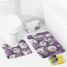 Bath Mats Bathroom Rugs Sets 2 Piece Purple Snowman Pattern Absorbent U-Shaped Contour Toilet Rug