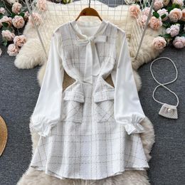 Work Dresses French Small Incense Style Bow Collar White Shirt False Pockets Suspenders Ruffle Dress Two-piece Set