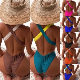 Women's Swimwear 2024 Pad One Piece Swimsuit Stitching Bikini Cross Color Matching Set 6401