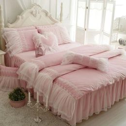 Bedding Sets Winter Suit Coral Velvet Duvet Cover Set Thickening Princess Candy Girl Lace Europe Pink & Blue Room Home Textile FG174