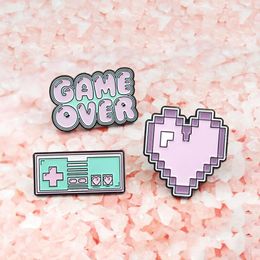 Brooches Game Over Pixel Enamel Pink Heart Handle Button Lapel Pin Cartoon Jewelry Gift For Friends Lover Badges