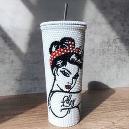 Woman Power Sparkling Tumbler Rosie The Riveter Rhinestone Water Bottle with Straw Stainless Steel Personalize Name Coffee Cup 240507