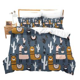 Bedding sets Cartoon Llama Alpaca Sets for Kids Boys Girls Floral Quilt Cover Room Decor Bedroom Collection 3Pcs Queen King Full Size H240521 S2BL