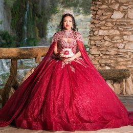 Red Shiny Ball Gown Quinceanera Dresses Applique Lace Beading Tull With Cape Vestidos De 15 Anos XV Brithday Sweet 16 Dress