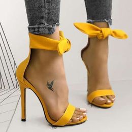 Brand Est Designer Sandals Yellow Pink Suede High Heel Ankle Big Bowknot Gladiator Sandal Shoes Single Strap Thin Pumpss 665