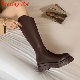 Boots Krazing Pot Full Grain Leather Round Toe Thick High Heels Riding Long Korean Girl Joker Platform Zipper Thigh
