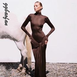 Casual Dresses Ggbaofan Elegant Fashion Sexy Half High Neck Maxi Dress Wrap Ruched Club Party Gown Long Sleeve Slim Clothes Fall 2024