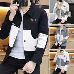 Men's Jackets Letter Decoration Jacket Colorblock Mid Length Men Coat With Turn-down Collar Patch Pocket Single-breasted Thick Warm For