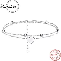 Fansilver 925 Sterling Silver Ankle Bracelets for Women Heart Beaded Anklet Layered Dainty Chain Adjustable Beach Foot Jewelry 240522