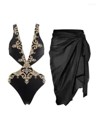 Women's Swimwear Black Gold Print Halterneck Waist Cutout One-piece Sexy Beach-style Bikini Swimsuit