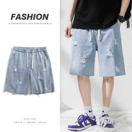 Men's Shorts 2023 Summer Mens Denim Shorts Ripped Holes Baggy Straight Casual Elastic Waist Short Jeans Fashion Korean Hip Hop Streetwear J240522