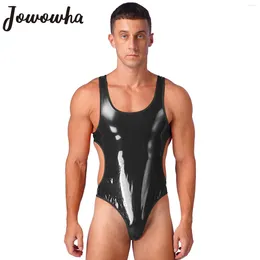 Women's Swimwear Mens One-Piece Swimsuit Wet Look Patent Leather Bodysuit Open Back U Neck Sleeveless Jumpsuit Pool Party Club Nightwear