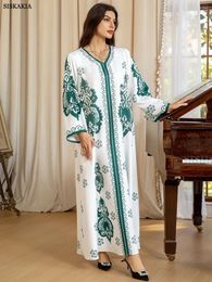 Ethnic Clothing Siskakia Moroccan Saudi Women Kaftan Casual Printing Beading Loose Muslim Homewear V-Neck Arab Abayas Turkish Islam