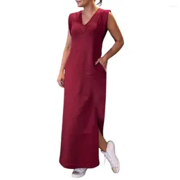 Casual Dresses Women Clothing Elegant V Neck Maxi Dress With Side Split Pockets For Solid Colour Retro Ankle Length Summer Wear