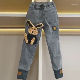 Women's Jeans Women's Gray Cartoon Harem Pants Korean Style Elastic Wasit 2024 Spring Streetwear Ankle-length Denim