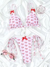 Women's Swimwear Sexy Cherry Bikinis Set Triangle Female Bow Swimsuit Print Summer Wear Beachwear Micro Thong Biquin