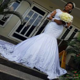 African Vintage Lace Mermaid Wedding Dresses Bateau Neck Applique Court Train Illusion Long Sleeve Bridal Gowns Vestido de Novia 252W