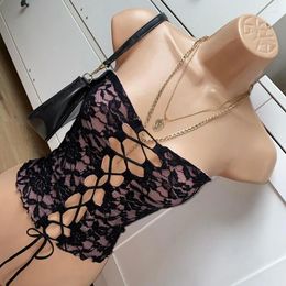 Women's Tanks Sexy Front Tie Up Hollow Out Chest Crop Top Vintage Floral Lace Mesh Boob Tube Vest Y2k Fairy Coquette Backless Bandeau