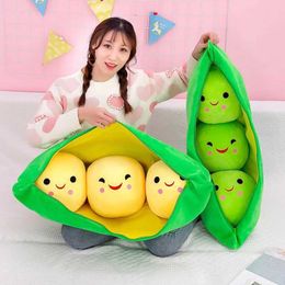 Plush Pillows Cushions New 25cm cute pea pod shaped plush plant doll 3 beans with cloth box creative plush toy 2 colorful pillows H240521