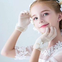 1 Pair Children Flower Girl Mittens Bow Decor Faux Pearl Lace Five Fingers Thin Wedding Gloves Clothes Accessories L2405