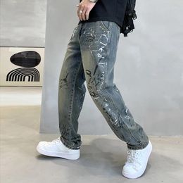 Men's Jeans 2024 Retro Blue Straight American Washed Old Personality Graffiti Printing Casual Wide-leg Pants Tide