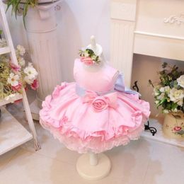 Pink Flowers Girls Dresses Jewel Ruffles Flower Toddlers Infants Baby Short Pageant Gowns Kids Princess Party Dress For Wedding 260h