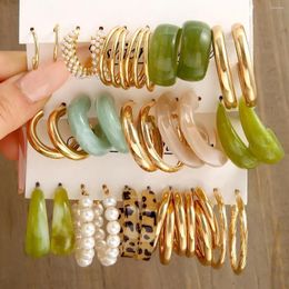 Hoop Earrings 15 Pcs Of C Alloy Women Metal Wind Threetube Leopard Print Resin Fake-pearl Gold-color