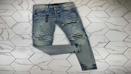 HM532 High quality Mens jeans Distressed Motorcycle biker jean Rock Skinny Slim Ripped hole stripe Fashionable snake embroidery De8100093