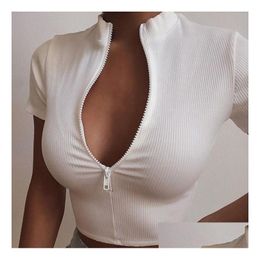 Womens T-Shirt Women Casual Cotton T Shirts White Black Zipper V Ncek Crop Top Short Sleeve Summer Slim Y Drop Delivery Apparel Clothi Otont