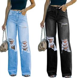 Women's Jeans 2024 Spring Women's High Waist Ripped Fashion Loose Denim Wide Leg Pants Street Hipster Trousers S-2XL Drop