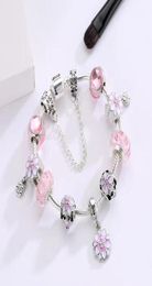 16 to 21CM pink oriental cherry charm bracelet 925 silver chain flower beads fit DIY Wedding Jewelry Accessories for new year presents2022500