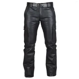 Men's Pants Vintage Pu Leather Mens Slim Fit Black Straight Trousers Punk Retro Cargo Winter Large Big Size Streetwear Bottoms