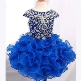 Gorgeous Royal Blue Girls Pageant Dresses Ball Gown Beads Crystals Cupcake Ruffles Tutu Skirt Short Kid Formal Party Dresses 2134