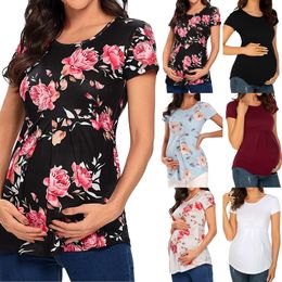 Fashion Women's Shirt Maternity Floral Printed Nursing Tops Breastfeeding Double Layer Soft Short Sleeve Top Pregnancy Clothes L2405