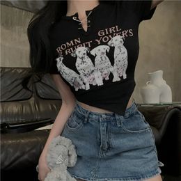 Punk Dalmatian dog graphic letter printing splicing top sexy short sleeved T-shirt retro BF clothing T-shirt 240517