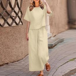 Women's Two Piece Pants Women 2 Linen Outfits Casual Suits Cotton Short Sleeve Tops Wide Leg Cropped Trousers Solid Colour Oversize