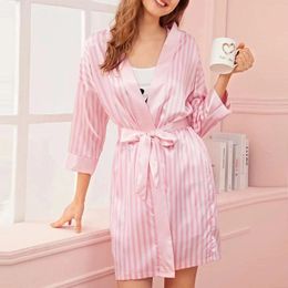 Home Clothing Women Satin Silk Sleepwear Striped Sexy Lingerie Pajamas Nightdress Underwear Robes Casual Wear Long-Sleeve