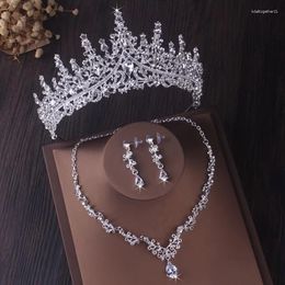 Headpieces 3 Pcs Luxury Silver Colour Crystal Water Drop Bridal Jewellery Set Rhinestone Tiara Crown Necklace Earring Wedding Jewel