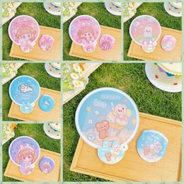 Decorative Figurines Round Flying Disk Fan Portable Cartoon With Handle Pocket Collapsible Cooling Mini Hand For Beach